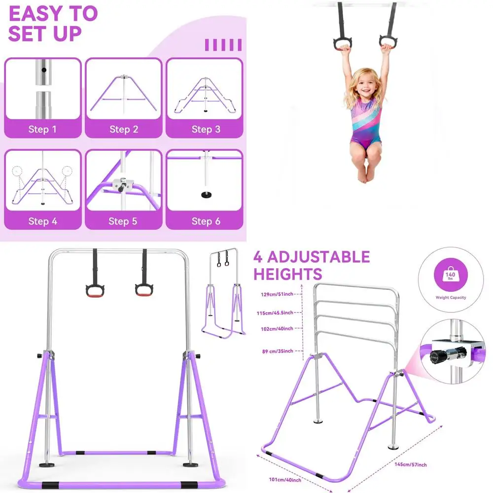 

FINCOME Gymnastics Bar for Kids with Gymnastics Rings, Height Adjustable Gymnastics Horizontal Bar, Foldable Bar Gymnastics Equi