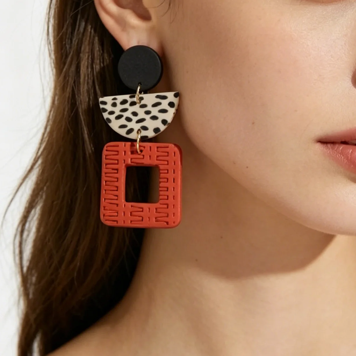 Matte Bold Animal Print Statement Polymer Clay Earrings Modern Geometric Arch Square Dangle Rust Black Artsy Lightweight