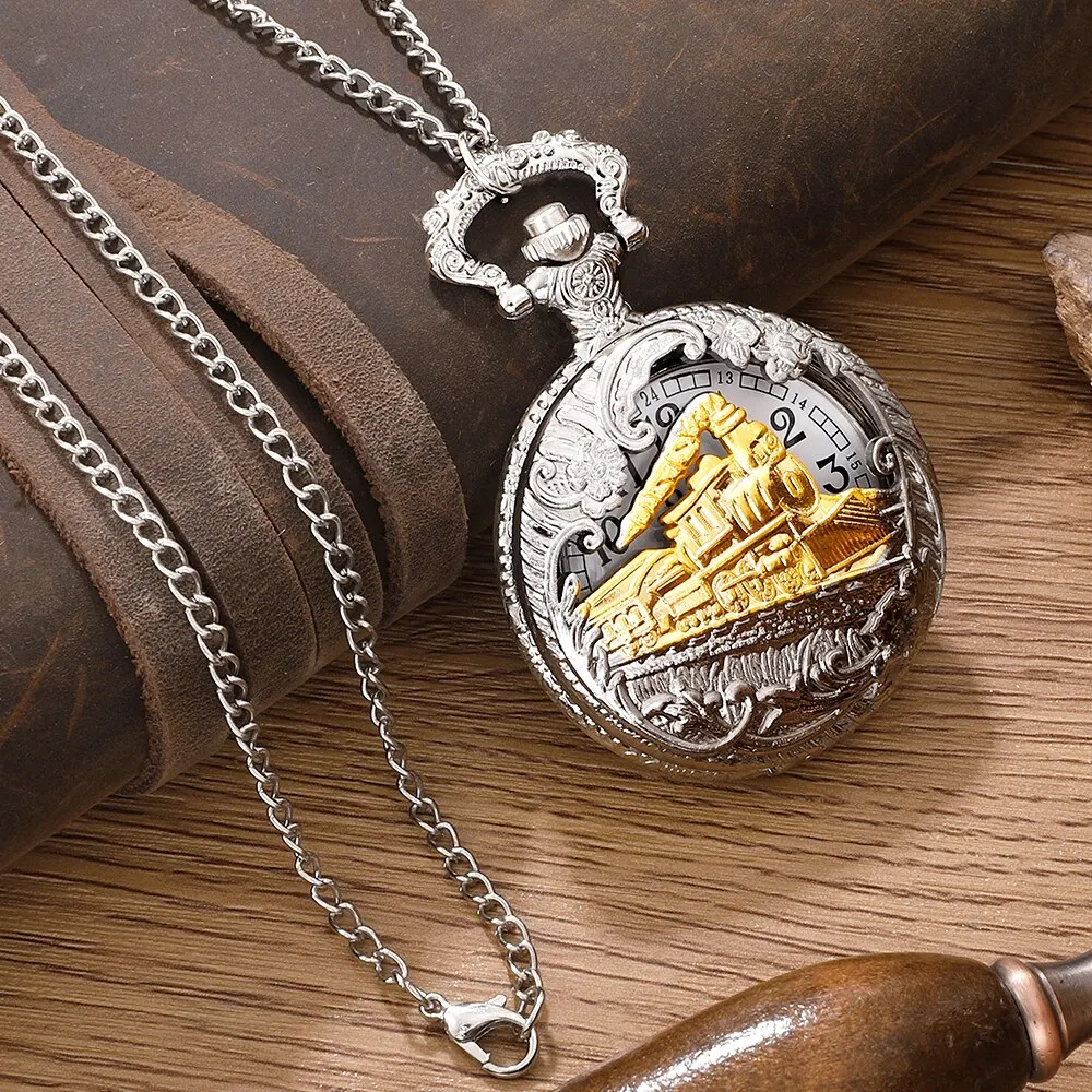 Antique Steam Train Design Pocket Watch with Chain Necklace Vintage Quartz Pendant Watches Clock Chain Mens Women