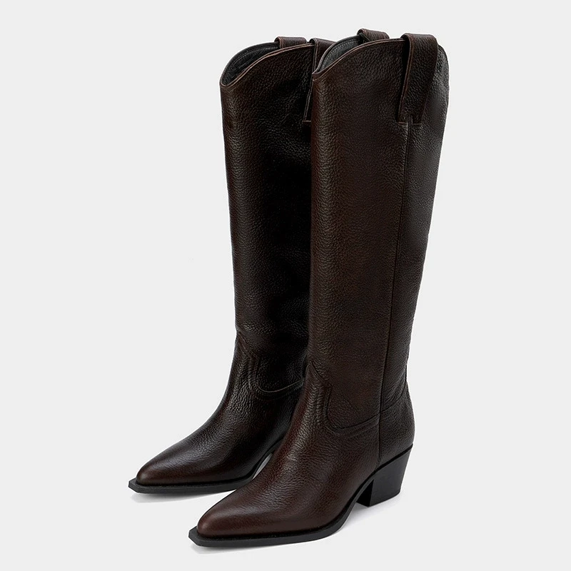 

Chunky Heel Knee High Boots Women Spring Autumn Leather Shoes Ladies Western Cowboy Boottes British Style Pointed Toe Long Boot