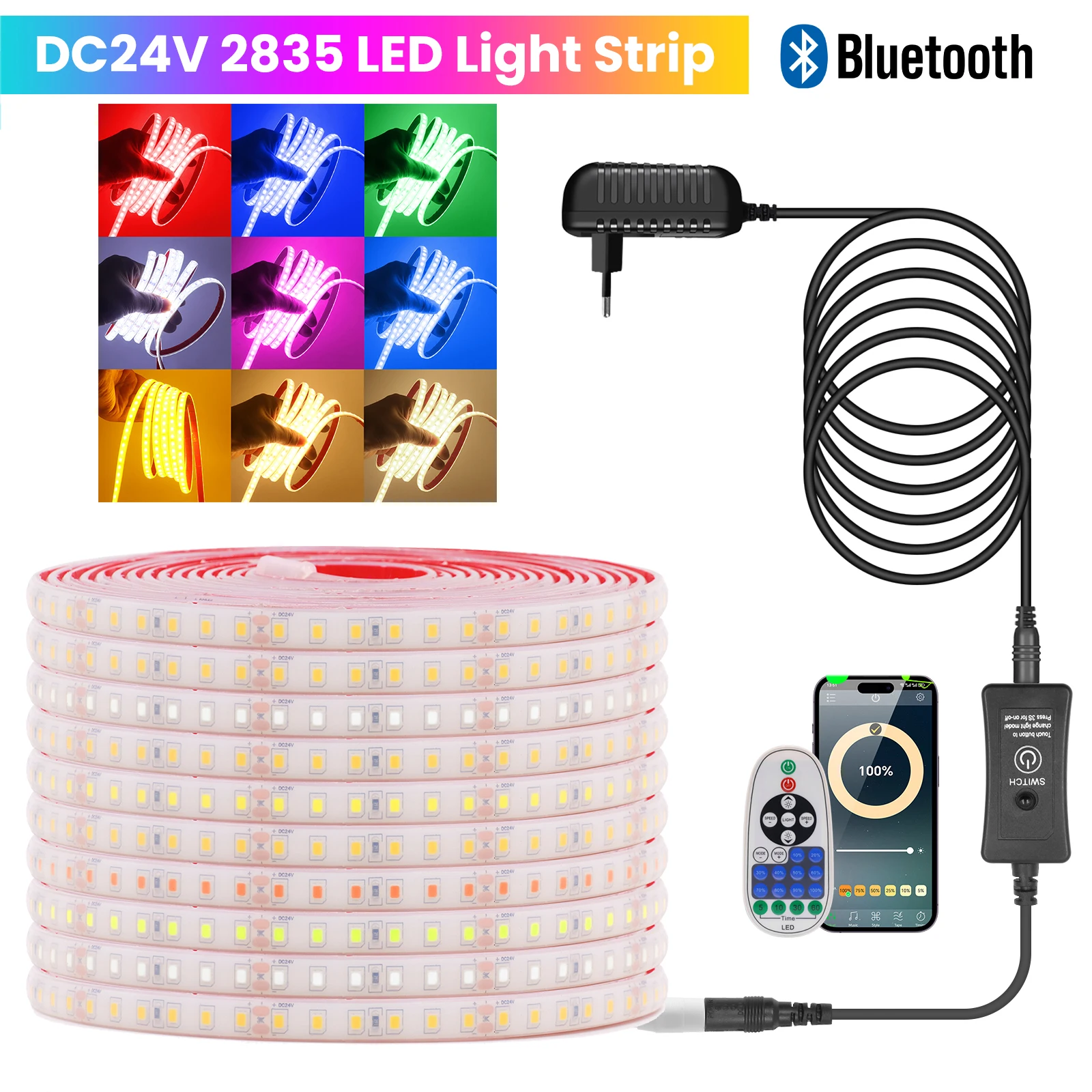 Bluetooth DC 24V LED Strip IP68 Waterproof 120Leds/M EU/US Set Red Ice Blue Green White Pink Yellow Flexible Ribbon Rope Light