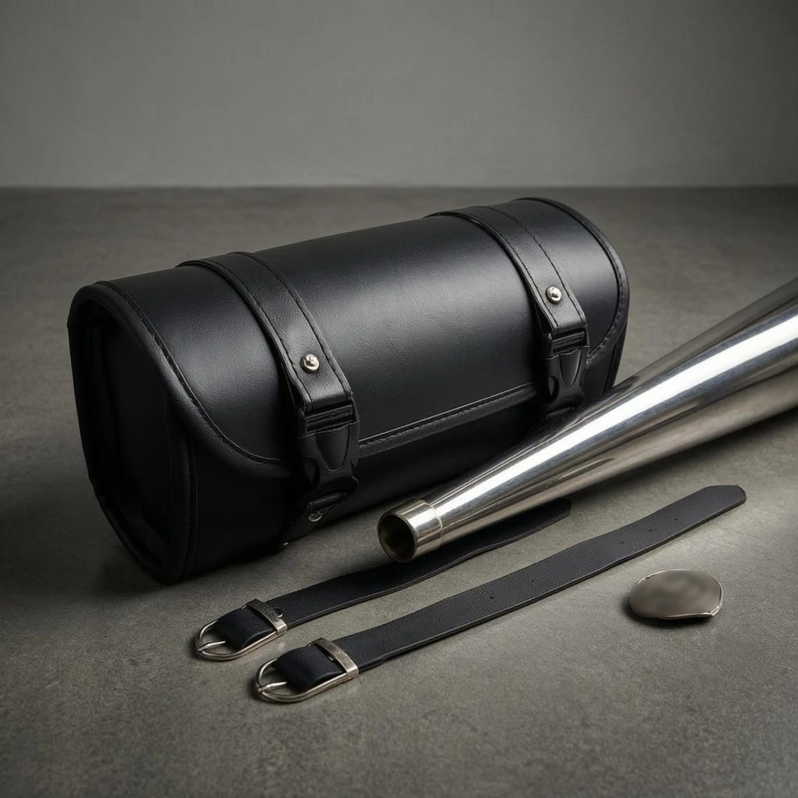 

Motorcycle Hanging Bag Leather-Look Roll-Top Motorcycle Bag Buckle Straps Stitched Trim