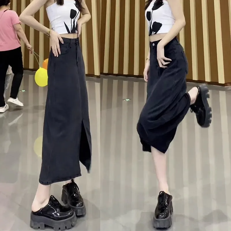 

2023 pear shaped figure black Tencel denim skirt for female summer thin large slim split A-line skirt Denim skirt