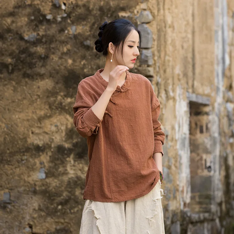 2026 Spring Casual Cotton Linen Women Top Sand Washed Vintage Distressed Slant Placket Frog Button Zen Style Long Sleeve T Shirt