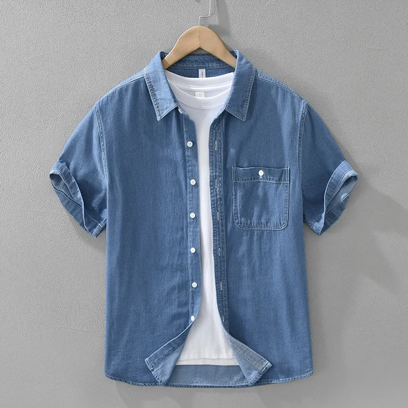

2026 Spring Summer New Vintage Denim Pure Cotton Short Sleeve Shirts for Men Clothing Breathable Soft Male Shirts