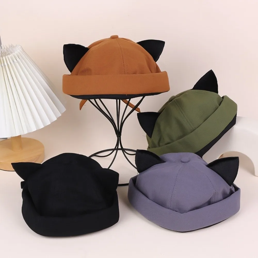 Fashion Cute Cat Ears Brimless Hat Adjustable Without Brim Dome Melon Cap Vintage Breathable Bucket Cap Casual Wear