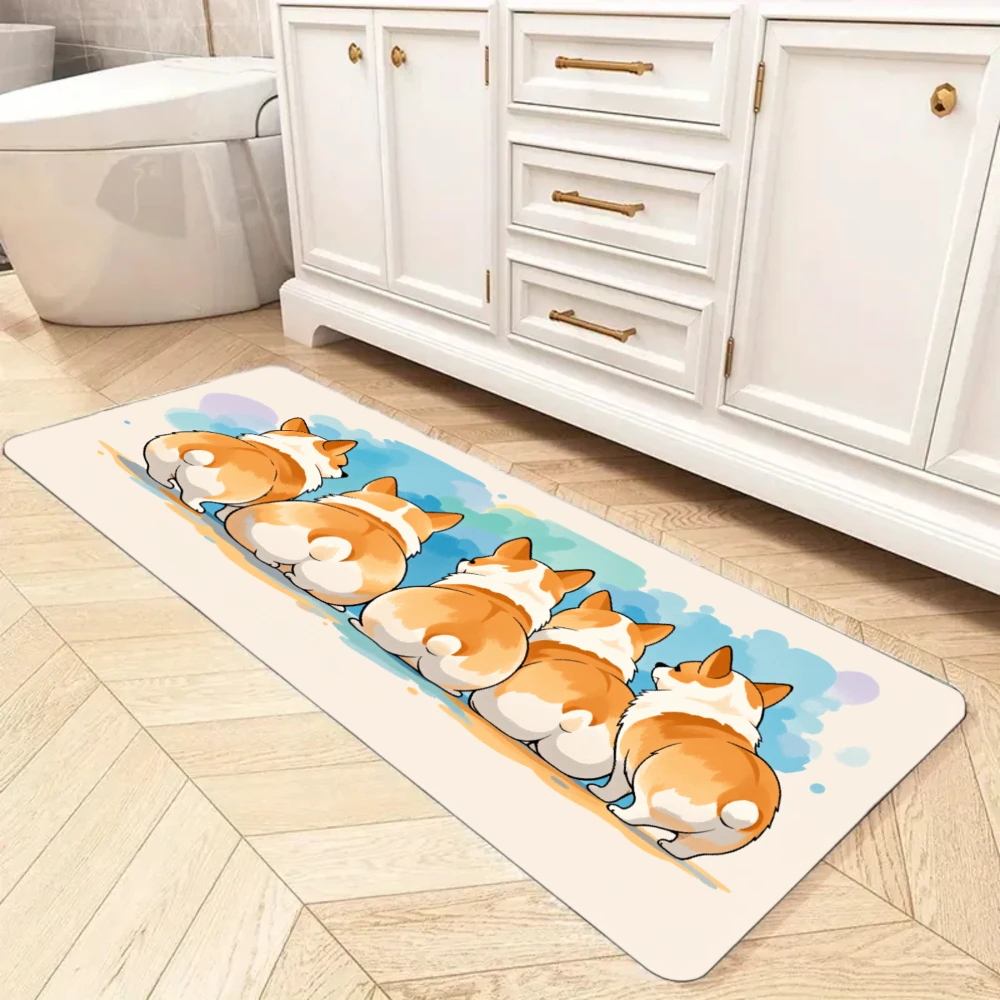 Cute Corgi Butt Print Kitchen Mat, Non-Slip Soft Absorbent Long Floor Rug with Cartoon Dog for Pet Lovers Home Decor