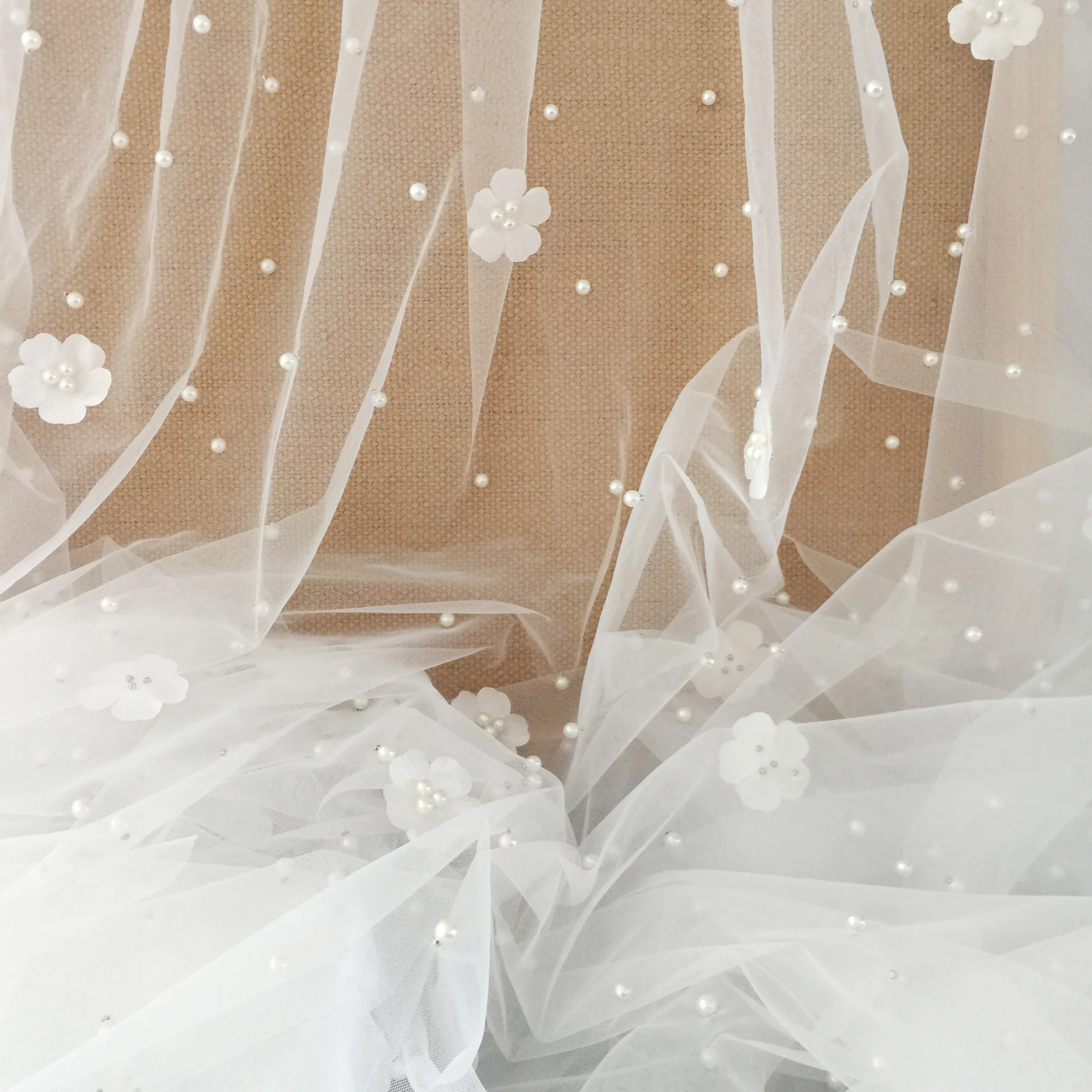 3D Flower Pearl Studded Mesh Fabric, Sewing Lace, Wedding Dress, High Set, DIY Accessories, RS4058