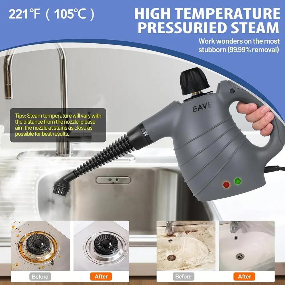 منظف بخار محمول باليد، باخرة محمولة 12 في 1 مع زر قفل بخاري مستمر وتنظيف قوي بقوة 1050 وات