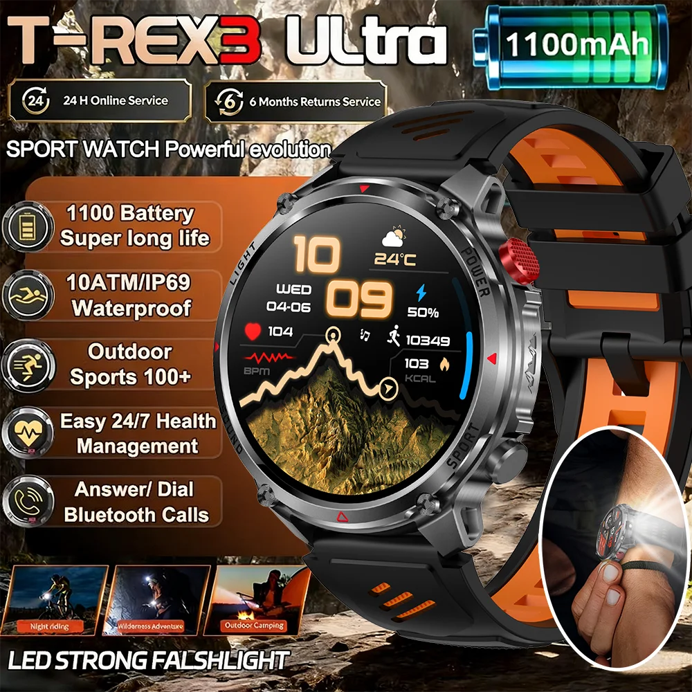 

Новые мужские смарт-часы 2026 года с аккумулятором 1100 мАч, водонепроницаемостью 10ATM, 1,7-дюймовым HD-экраном и LED-фонариком