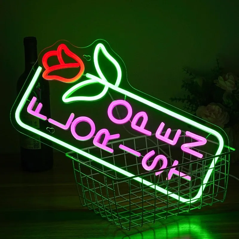 Dimmable Florist Open LED Neon Sign Rose,USB Powered,Bright BusinessOpen Sign Wall Decor for Flower Store Storefront Decoration