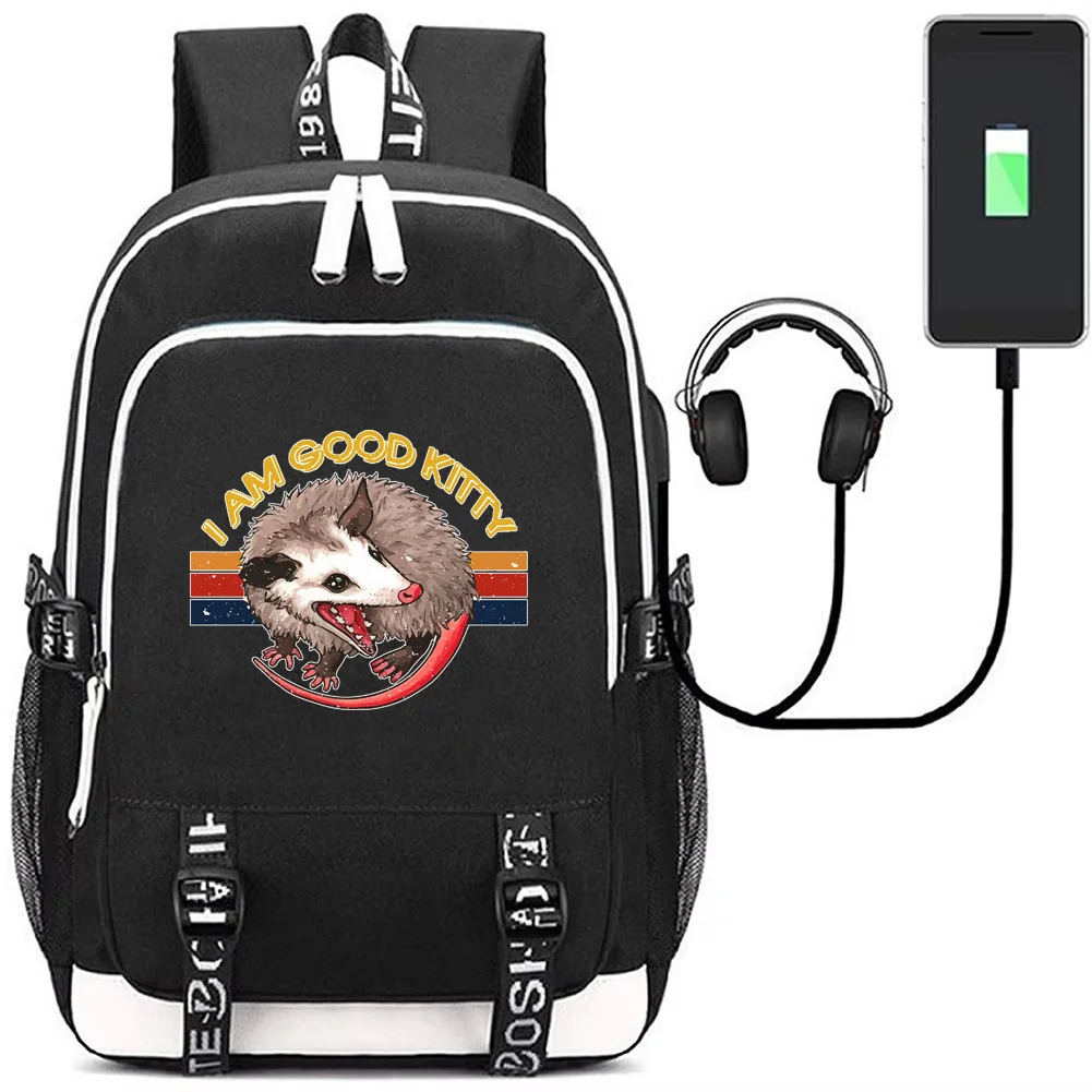 I Am Good Kitty Backpack with USB Charging Port Bookbag Funny Possum Laptop Bag School for Students Mochila