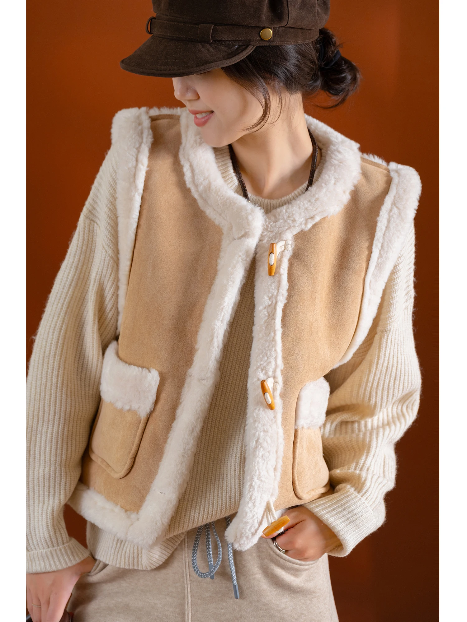 

Мягкий замшевый жилет Thi, пальто с внутренним мехом, деревянное буле, круглый, Ne, стандартной длины, полиэстер, аммиак, эластичное волокно