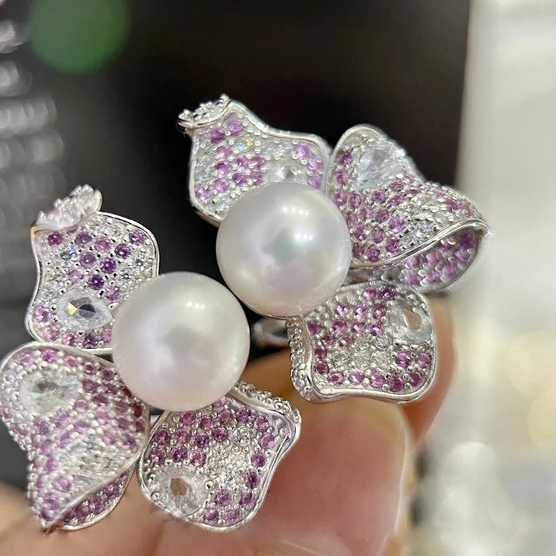 MeiBaPJ 9-10mm Natural Semiround Pearls Fashion Pink Butterfly Stud Earrings 925 Silver Ear Studs Fine Wedding Jewelry for Women