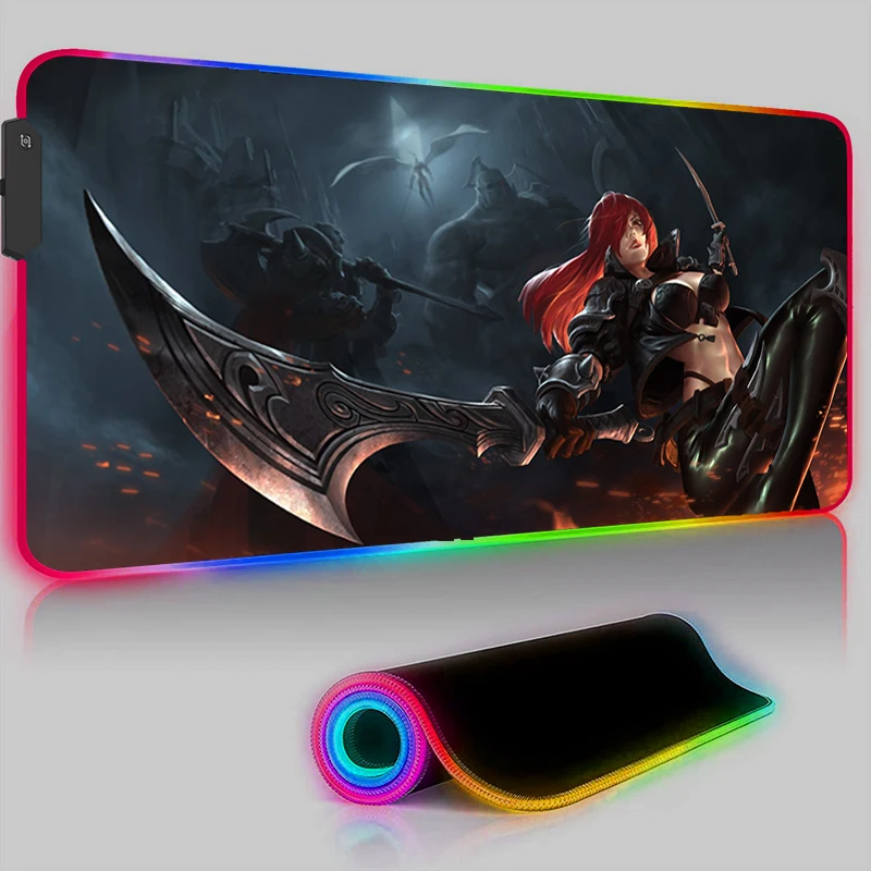 RGB LED Gaming Mouse Pad Katarina LOL Computer Desk Accessories Rug Mousepad Anti-skid Game Mats Cool Laptop Luminous Gamer Mat