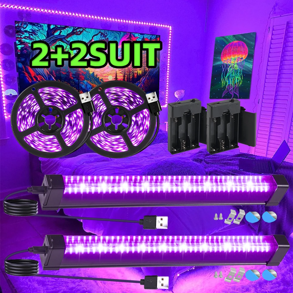 2+2 Schwarzlicht-Set 2 LED-Schwarzlichtstreifen + 2 Schwarzlichtleisten USB-Batteriebox für Schlafzimmer Neon-Fluoreszenz-Party-Wanddekoration
