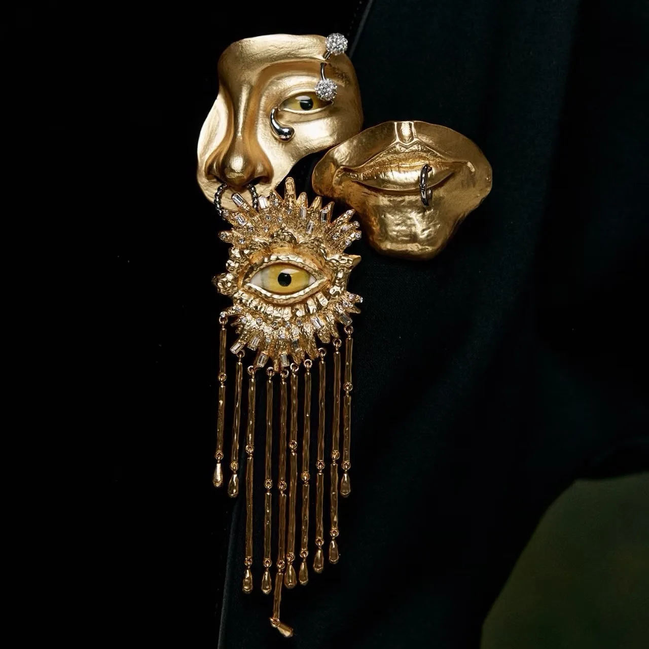 Vintage Brass Tassel Evil Eye Brooch, Heavy Intricate Statement Lapel Pin for Women