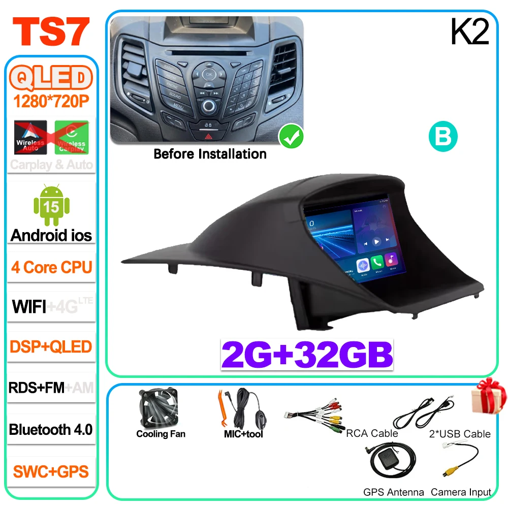 Auto radio Carplay Android 16 voor Ford Fiesta Mk 6 2009 2010 2011 2012 2013 2014 -2018 Radio Multimedia Videospeler Scherm GPS