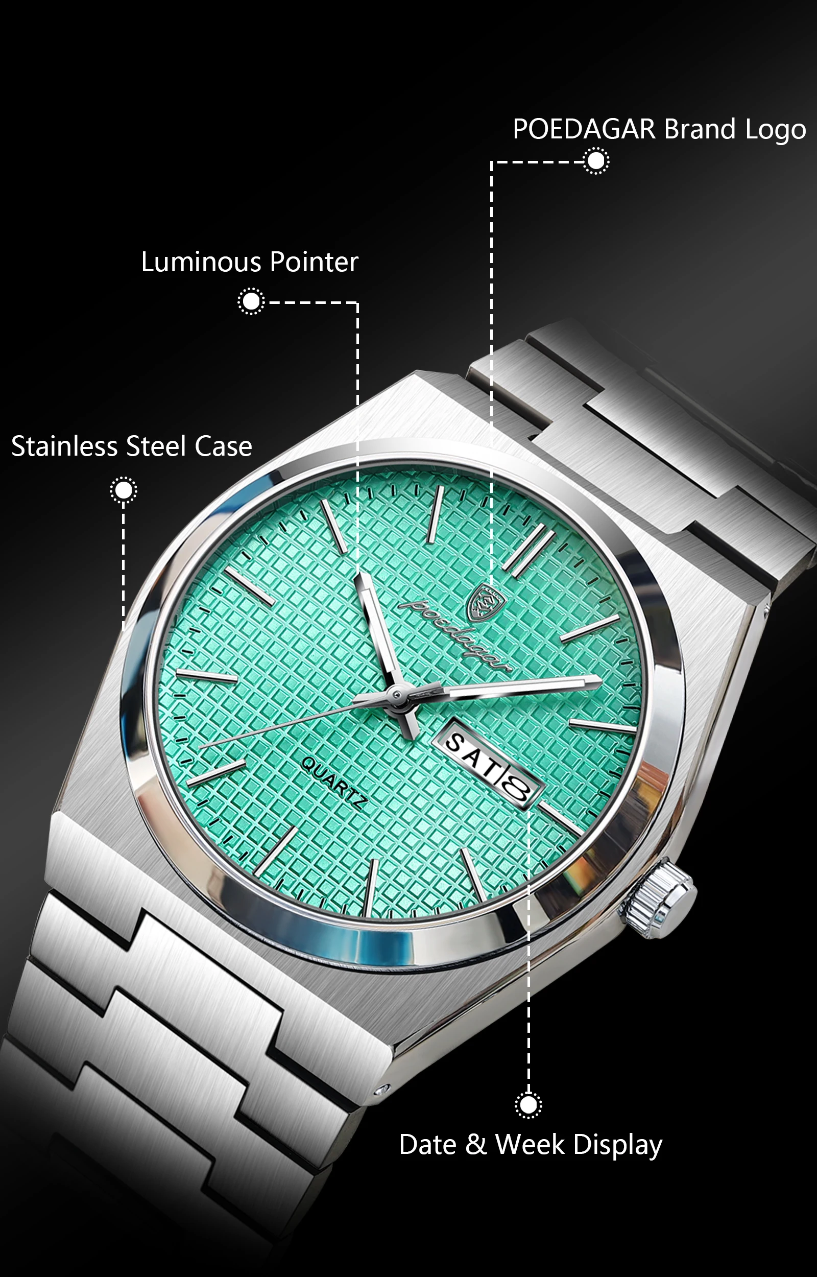 POEDAGAR Top Business Mann Uhr Leuchtende Wasserdichte Edelstahl Männer Armbanduhr Datum Woche Quarz Mode Lässig männer Uhren – Detail 7