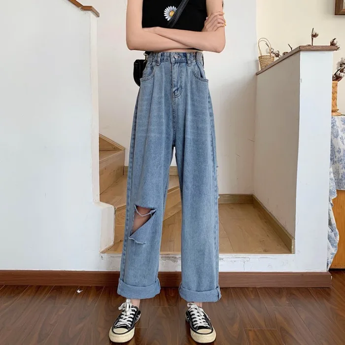High Waist Wide Leg Jeans Women's Spring Summer Korean Style plus Size Denim Pants Student Loose Fit Slimming Floor-Length