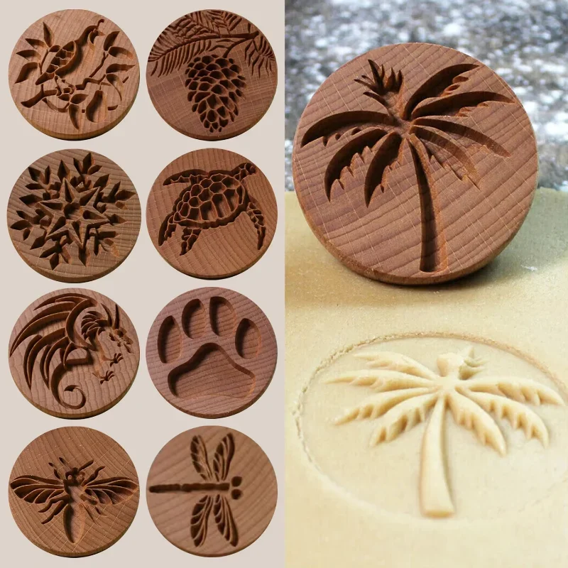 Molde de madera tallado para galletas, cortador de sellos de galletas de cocina, pan de jengibre, patrón de tótem 3D, Fondant, herramientas para hornear en relieve para pasteles