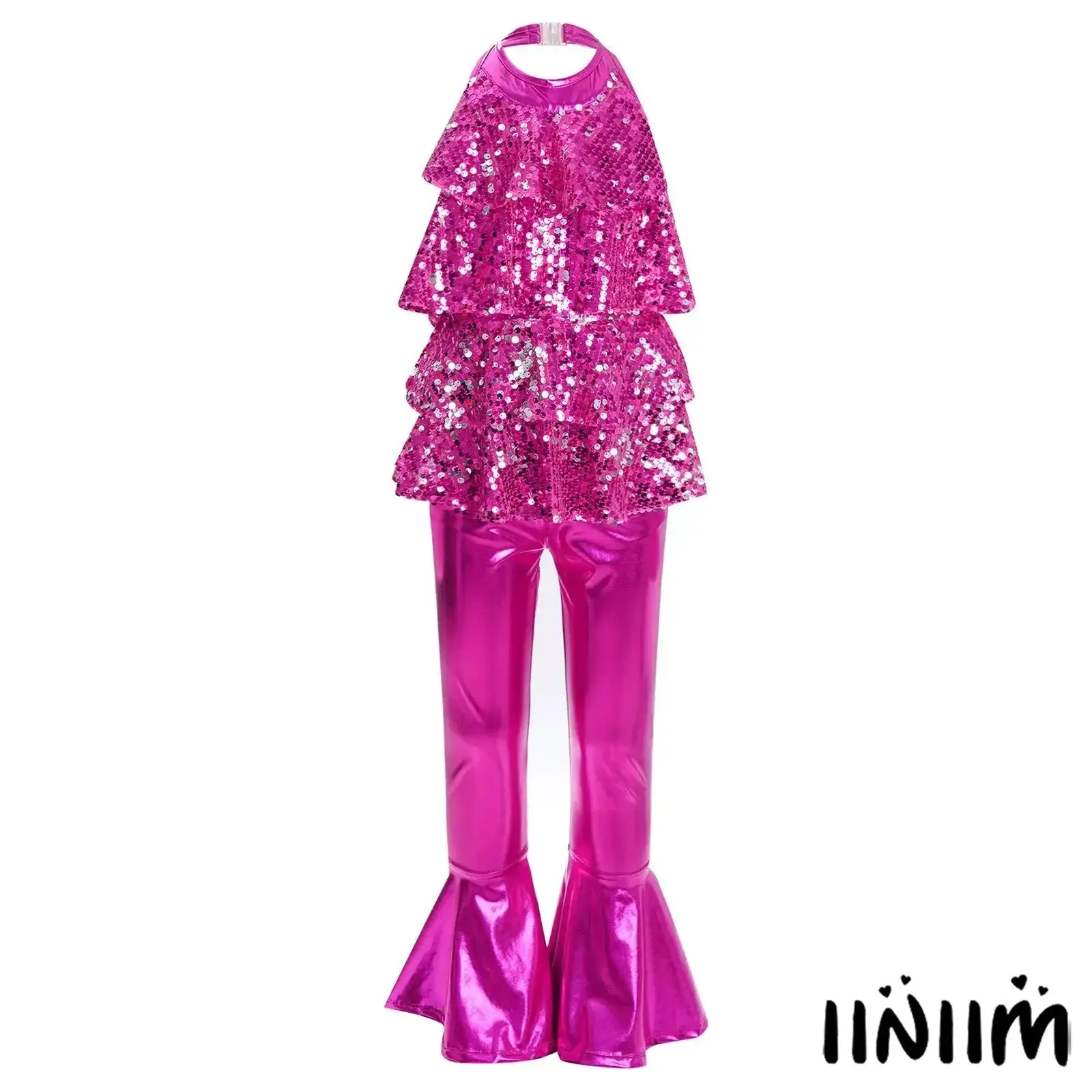 

Kids Girls Jazz Dance Leotard Set Backless Shiny Sequins Ruffles with High Waist Bell-bottom Metallic Pants Stage Performance