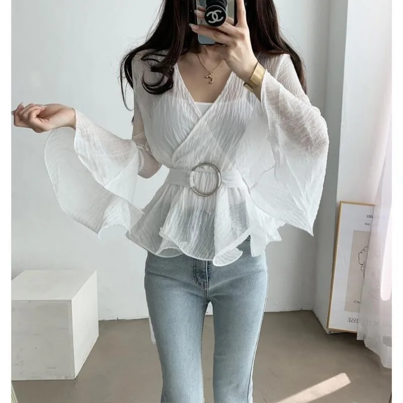 Women Long Sleeve Shirt Lace-ups Tops Woman Clothing Ruffles Flared Sleeves V-necks Belts Vintage Y2k Streetwear Design Slim Fit