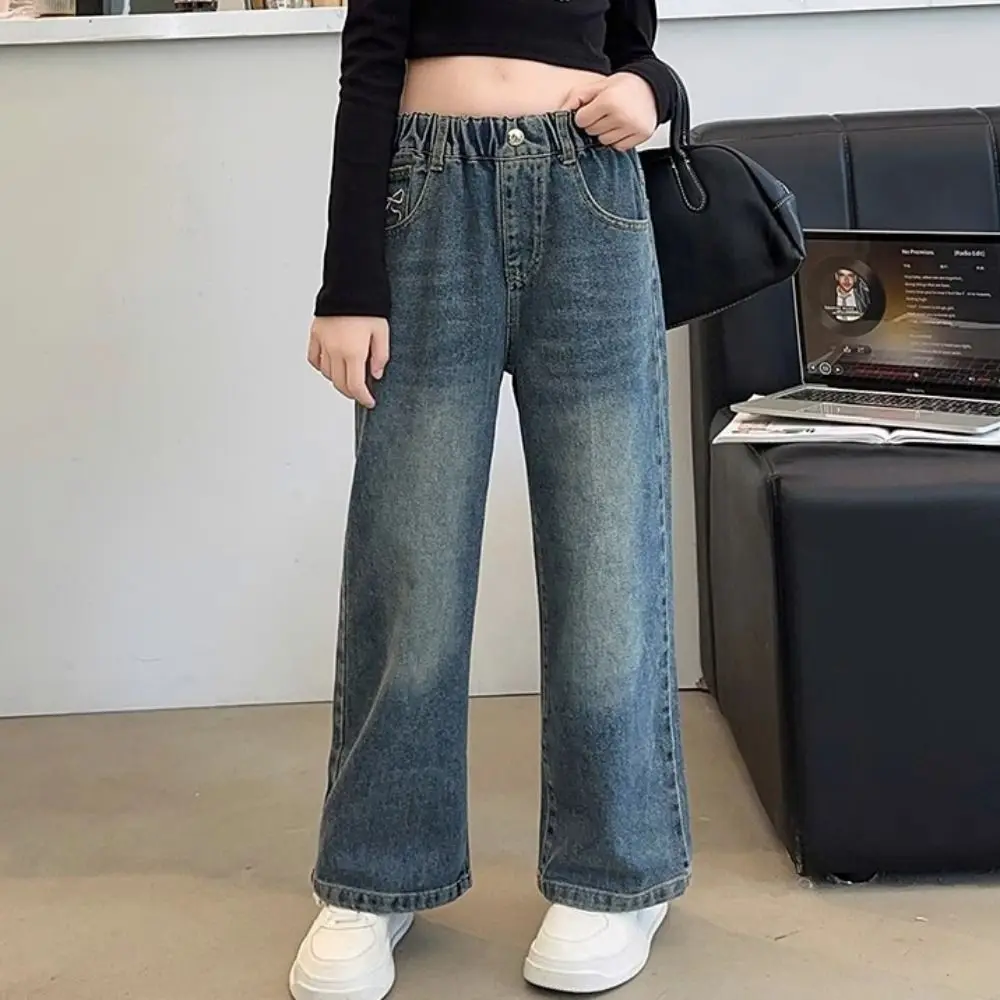 귀여운 리본 장식 청바지 루즈 스트레이트 어린이 Y2K 청바지 하이웨이스트 와이드 레그 여자아이 데님 바지 여자아이 선물