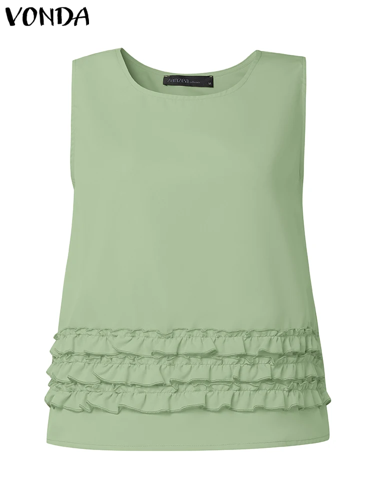 

2025 VONDA Summer Sleeveless Women Ruffled Tank Tops Tunic Fashion Casual Solid Color Shirts Round Neck Loose Sweet Korean Blusa