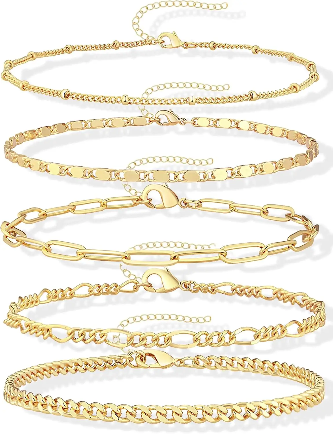Ankle Bracelets for Women Waterproof, 14k Gold Plated Jewelry Set Layered Cuban Figaro Link Chain Anklets Set Gold Anklets Summer Boho Beach Jewelry Gift Adjustable Size