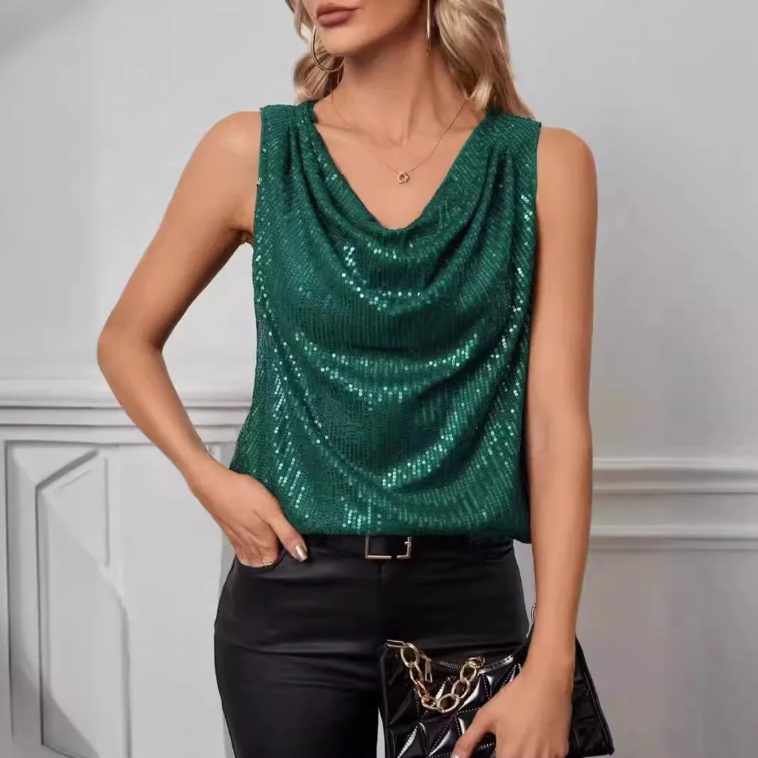 New Popular Sexy V-neck Strapless Fashion Sequin Loose Short Pullover Sweater Women's Vest Y2k Tops