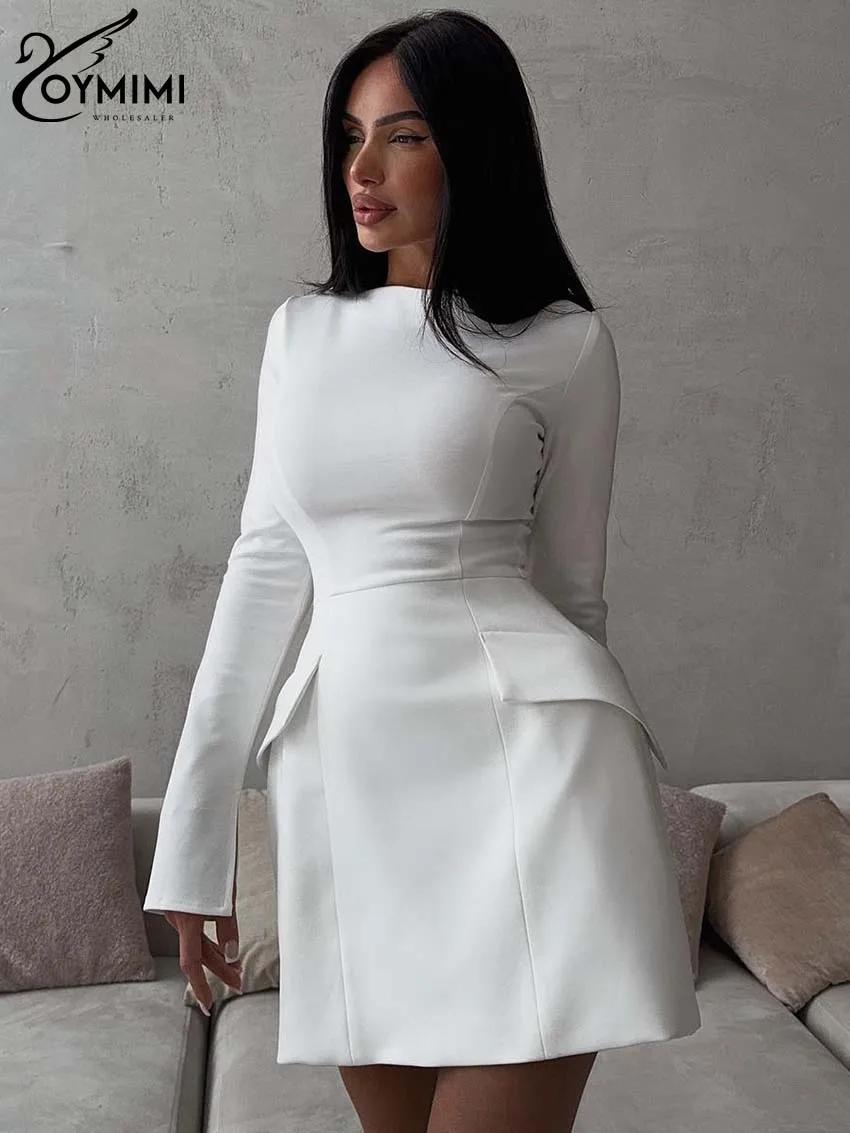 Oymimi casual branco o-pescoço vestidos para mulheres elegante manga longa bolsos finos vestidos outono em linha reta mini vestido roupas femininas