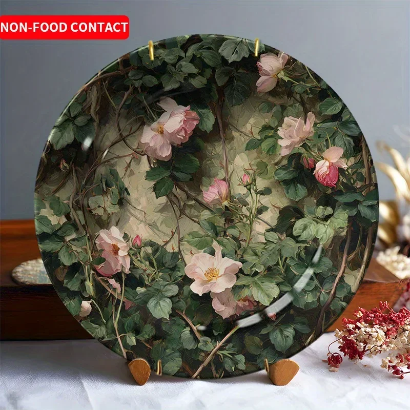 Assiette murale en céramique peinte à la main avec rose rose et feuillage vert - Art décoratif rond de style service pour la maison, les mariages