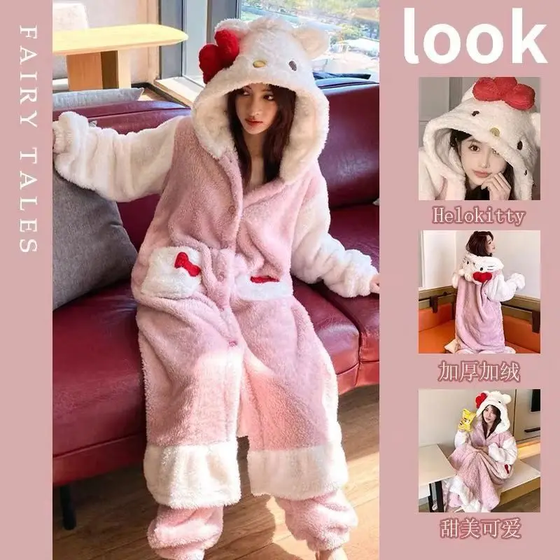 Sanrio Hello Kitty Kawaii Cute Bow Furry Pajamas Autumn And Winter Sweet Long Pajama Anime Plush Couple Loungewear Gift