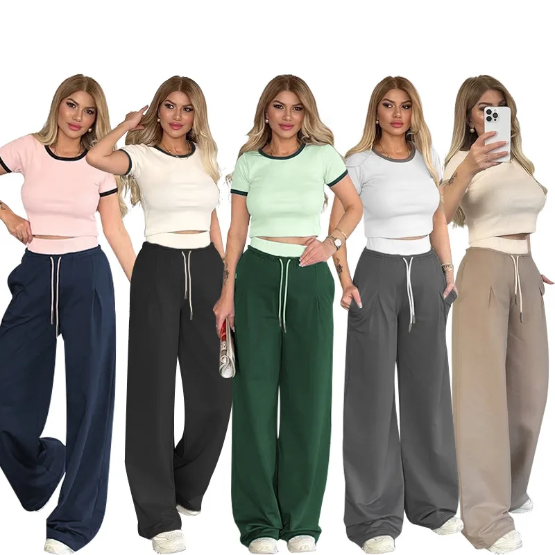 

Summer Color Blocking Round Neck Short Sleeved Top And Pants Set For Women2025 fashionable Casual Solid Color Wide Leg Pants Set