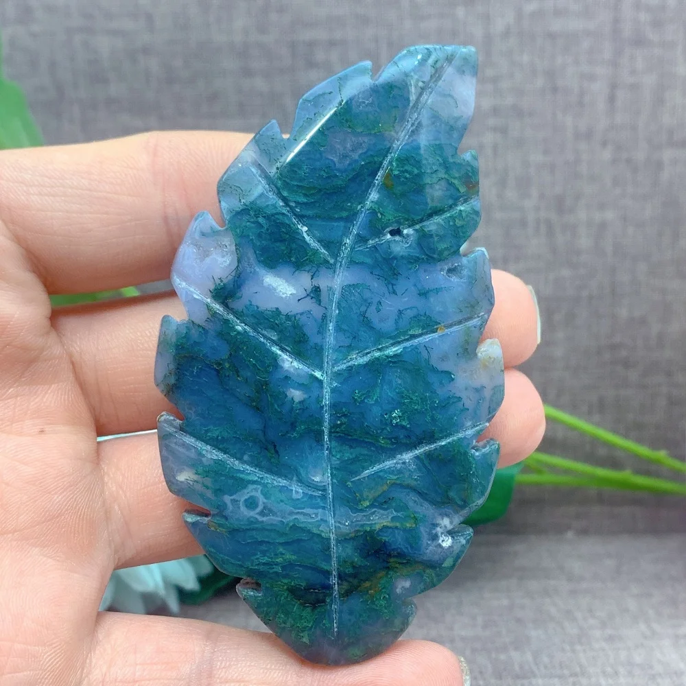 Quartz Stone Natural Crystal Moss Agate Leaf Carvings Crystal Healing Stone Craft For Home Room Decor Energy Gift