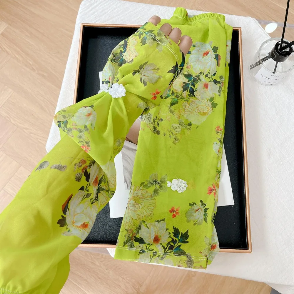 Chinese Style Buckle Printed Ice Silk Sleeves Anti-UV Flower Chiffon Sunscreen Sleeve Long-sleeved Glove UV Insulation