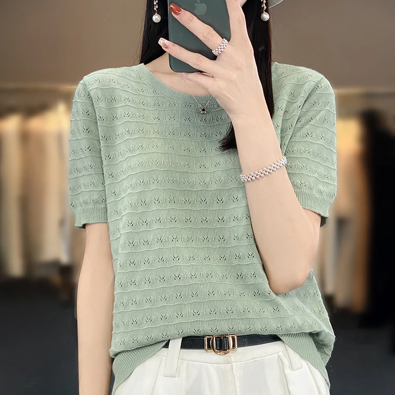 2023 Summer New Women\'s 100% Cotton Casual Solid Round Neck Pullover Short Sleeve Loose fitting Korean Knitted Fashion Top T-shi