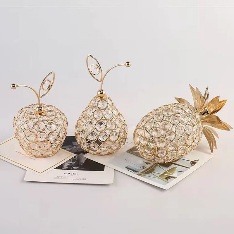 3D Bling Rhinestone Crystal Pear Apple Ornament Home Wedding Decor Gifts Shiny Crystal Pineapple Fruit Tabletop Decoration