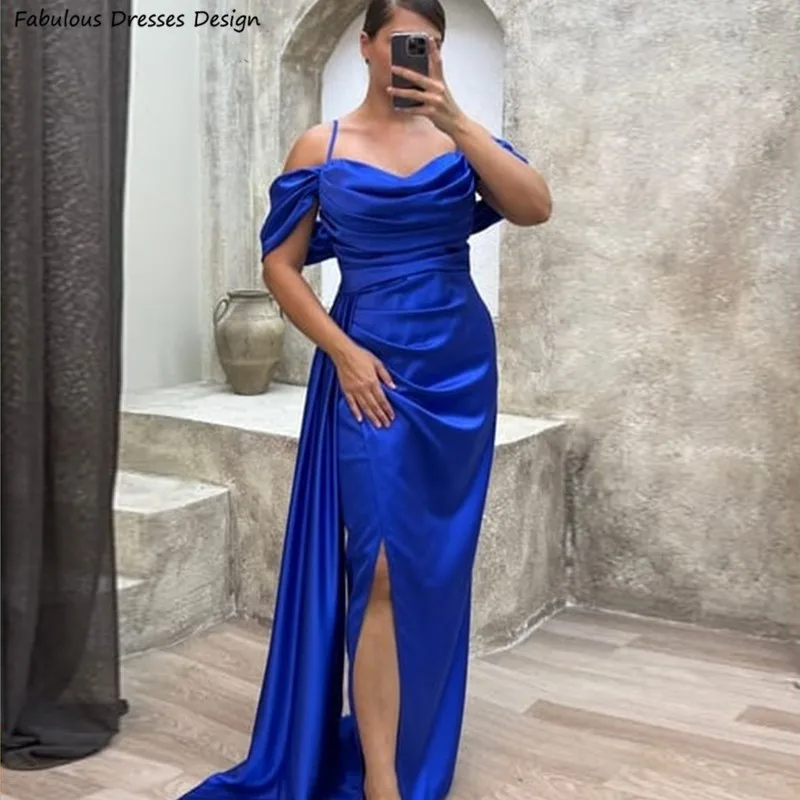 

Royal Blue Long Mermaid Bridesmaid Dresses Pleat Streamer Slit Spaghetti Straps Wedding Guest Dress For Women Prom Party Gown