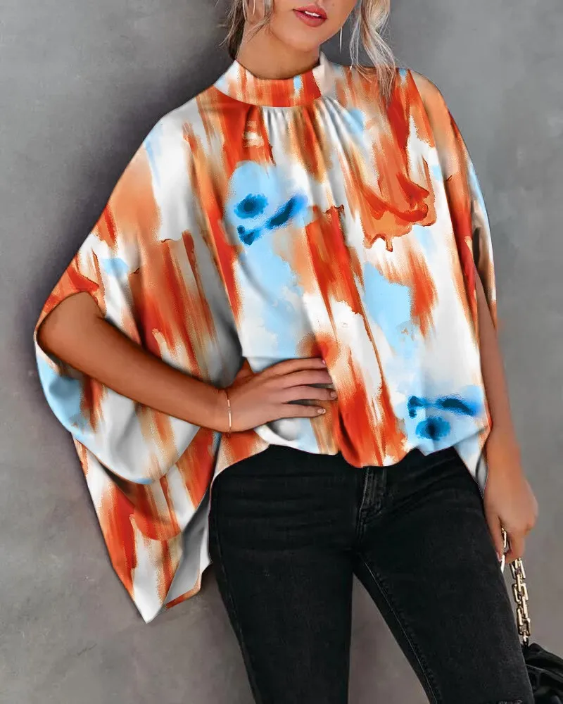 Women\'s Cape Sleeve Oversize Blouse Tie Closure High Neckline Caftan Body Loose Tops