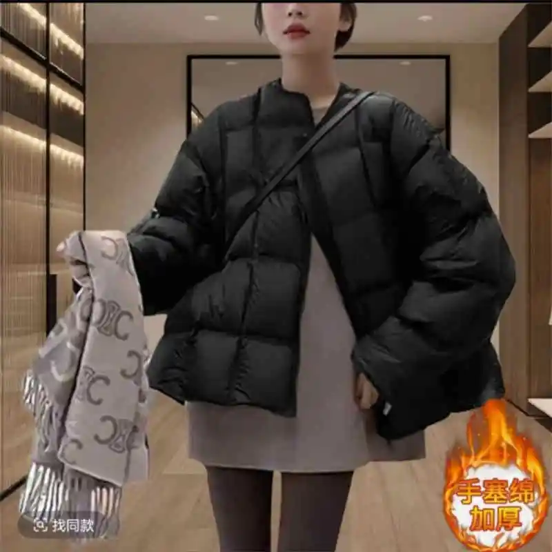 

Women's Cotton Coat 2025 Korean Edition New Autumn Winter Jacket Solid Color Round Neck Fashion Thick Warm Coat Parka Overcoat