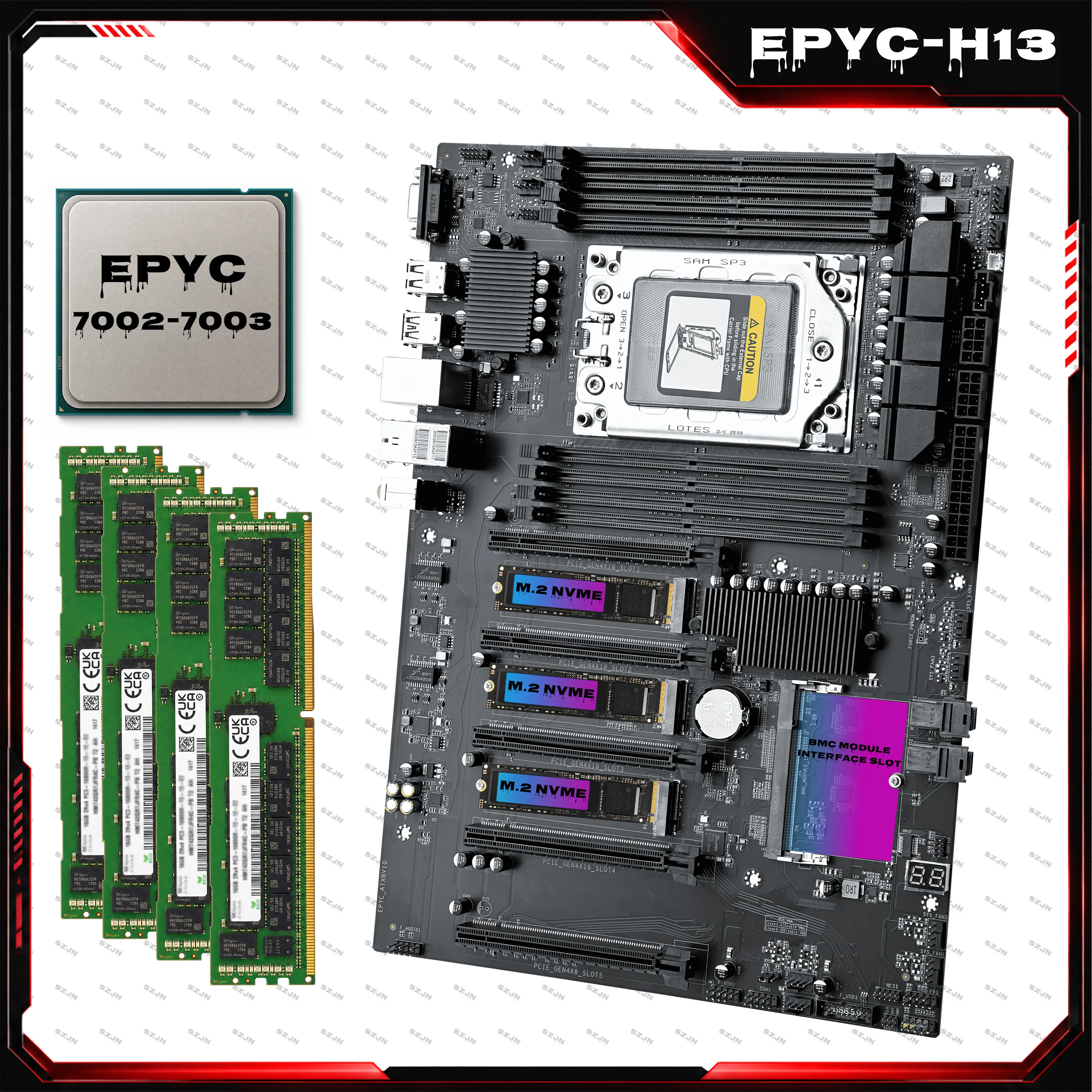Conjunto de Placa Base JGINYUE EPYC-H13, Kit de Servidor EPYC con IPMI, CPU AMD EPYC Serie 7002 7003, Memoria de 8 Canales, Red Dual de 2.5G