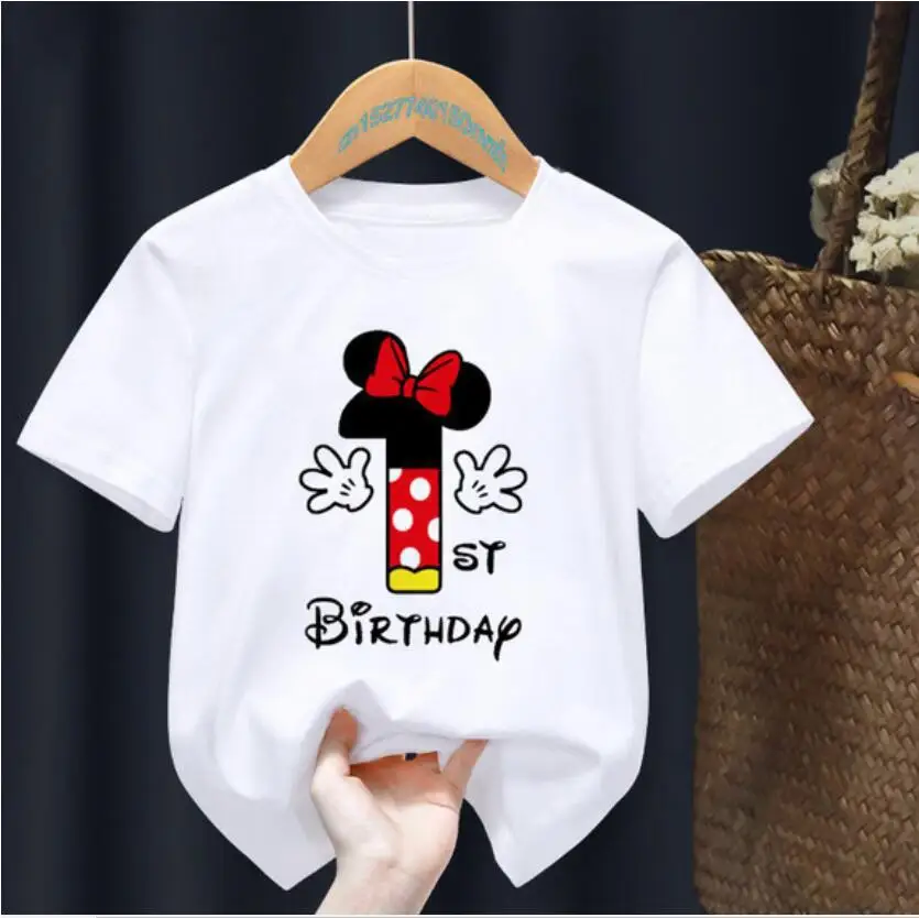 Birthday Number Print Disney 2024 New Kids T-Shirt Cute Cartoon Summer Cotton Short Sleeve Comfortable High Quality Top Fashion