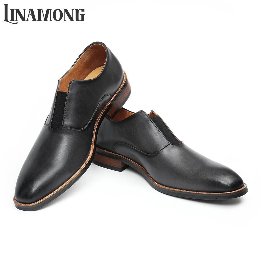 اللوز تو مصقول أحذية جلدية بدون كعب جلد طبيعي النمط البريطاني الأعمال فستان أحذية أنيقة الانزلاق على مأدبة أحذية جلدية للرجال #5