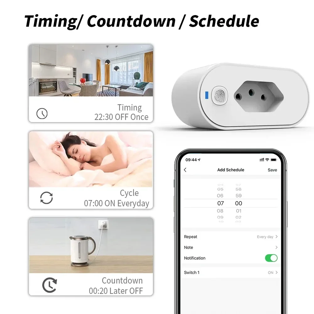 Brazil Standard 16A WiFi Smart Plug Outlet Built-in Power Consumption Monitor Timing Switch Smart Life APP Remote Voice Control