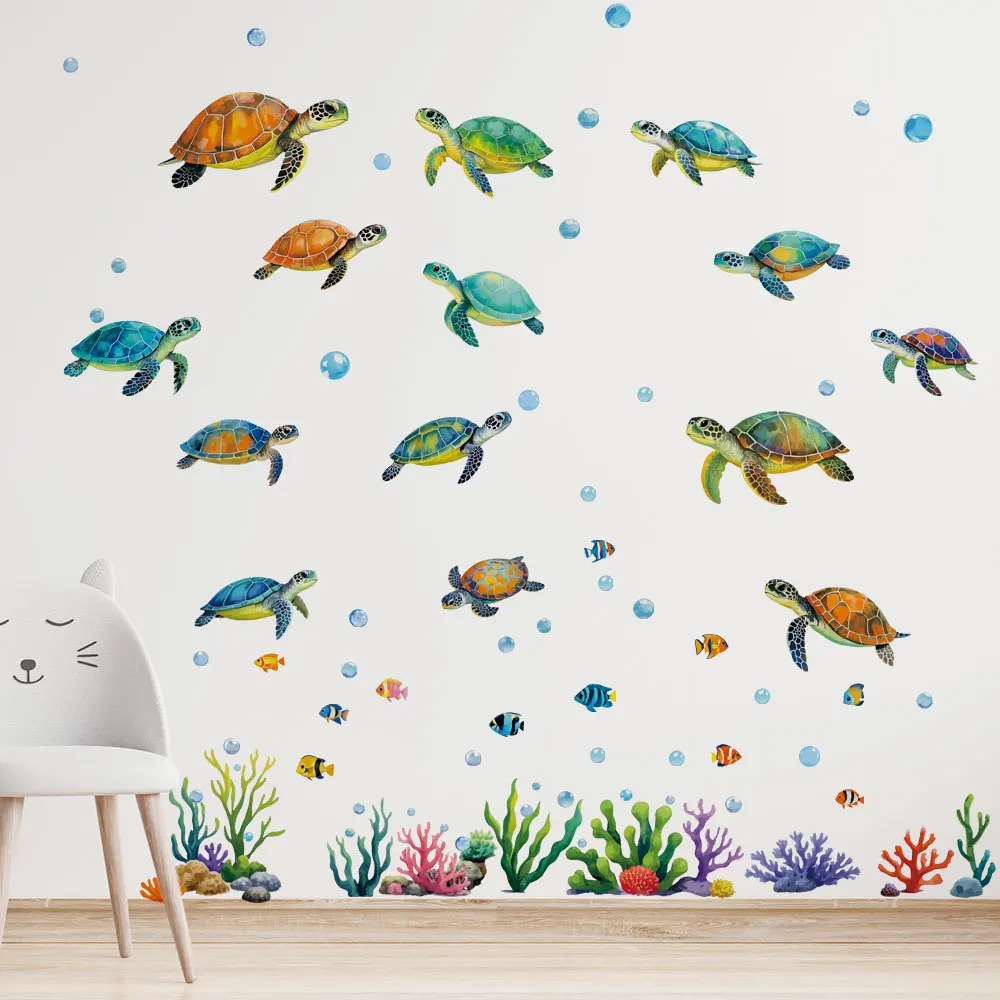 

​​PVC Turtle & Coral Wall Decals - Waterproof Self-Adhesive Stickers for Bedroom Decor, Ocean Theme Home Art​​