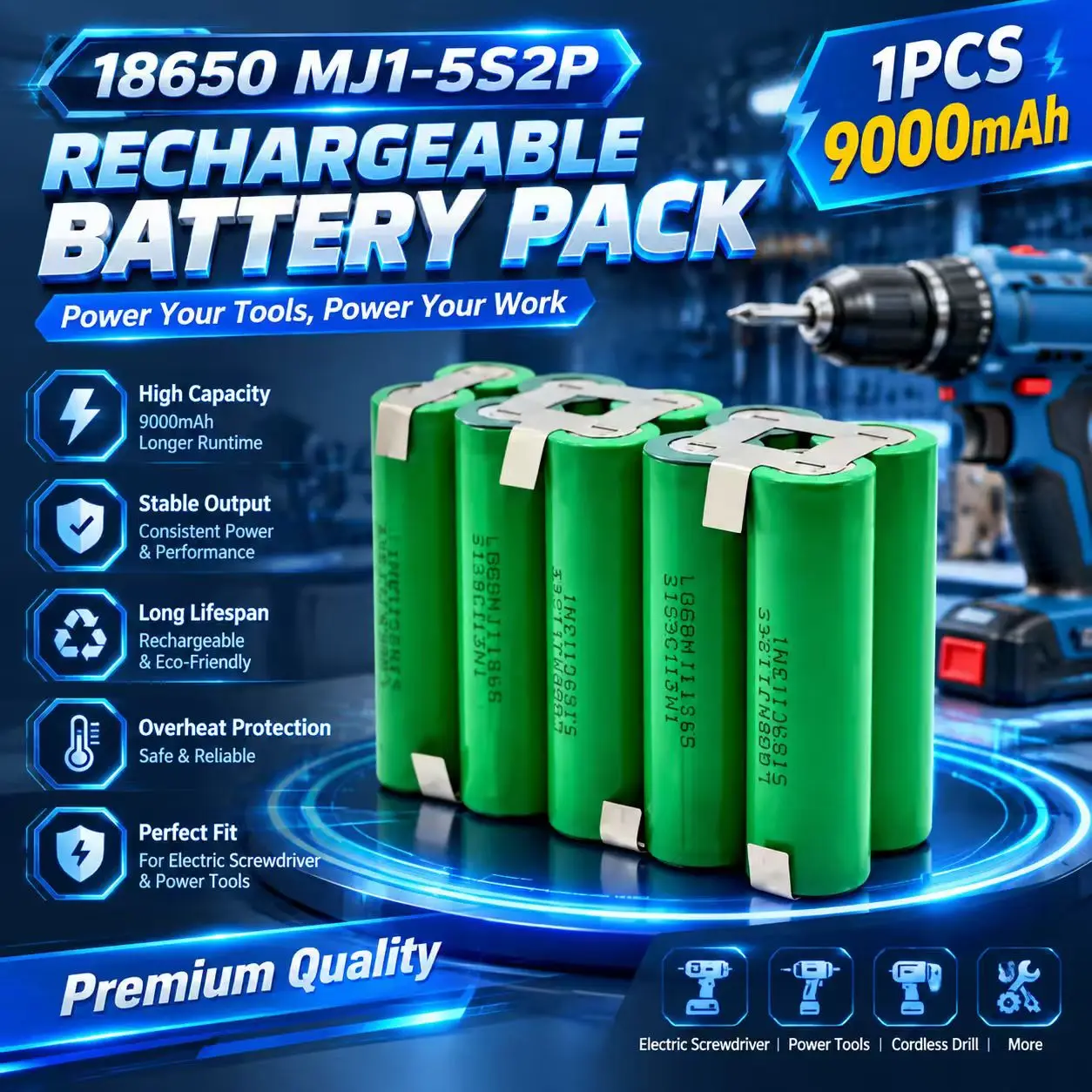 Nuovo pacco batteria 5S2P MJ1, 9000 mAh, alta capacità, 18 V (21 V in picco), uscita stabile, adatto a diversi utensili elettrici portatili.