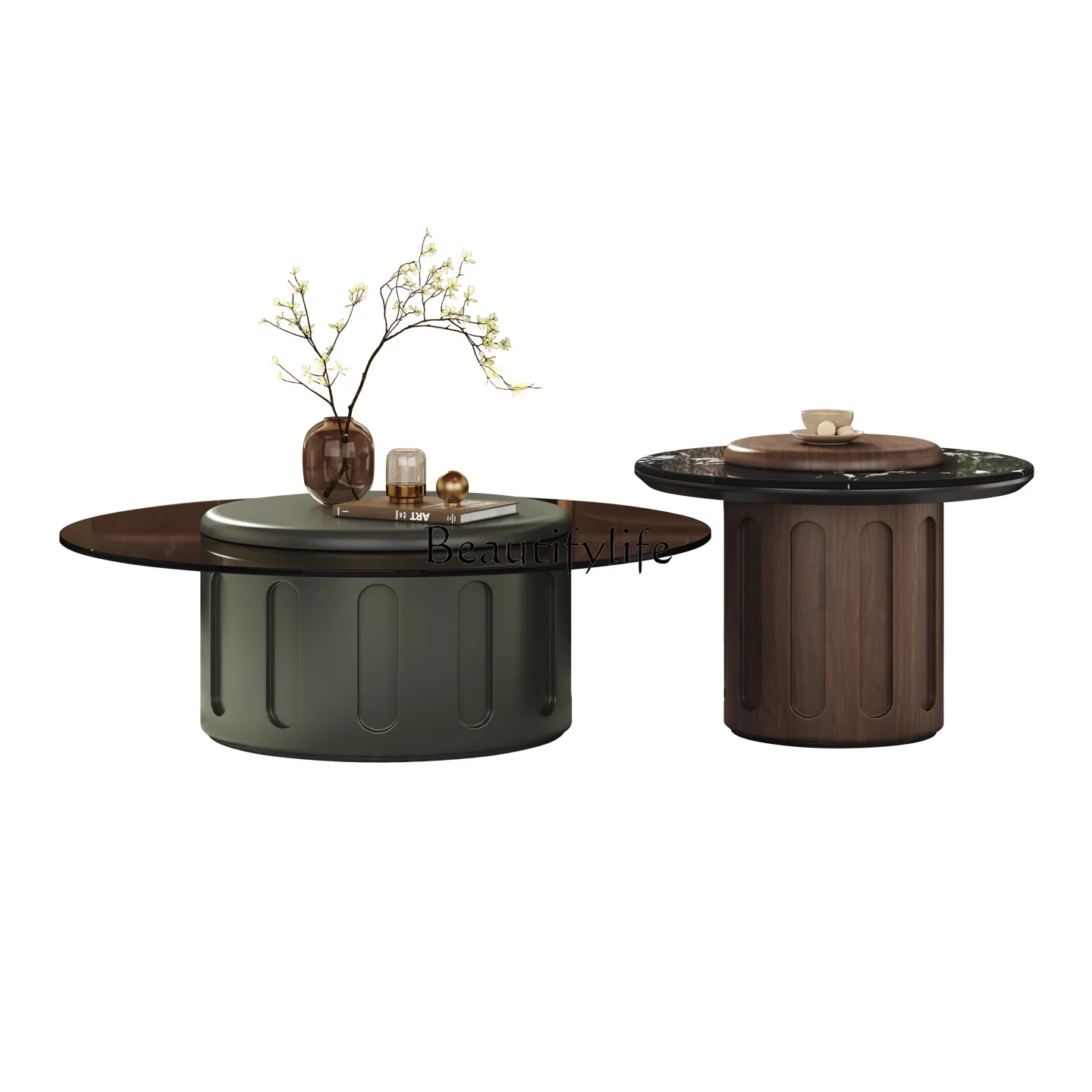 

Minimalist Technology Stone Large and Small Round Coffee Table Set Living Room New Tempered Glass Coffee Table