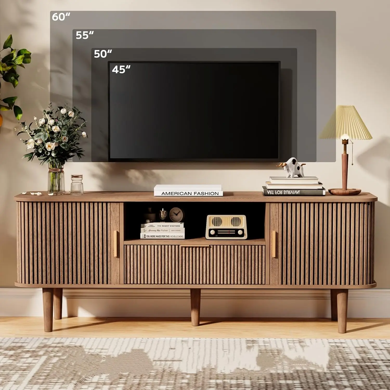 Fluted TV Stand for TVs Up to 60 Inch, 55" Mid-Century Entertainment Center with Sliding Doors&Drawer, Modern Media Cons